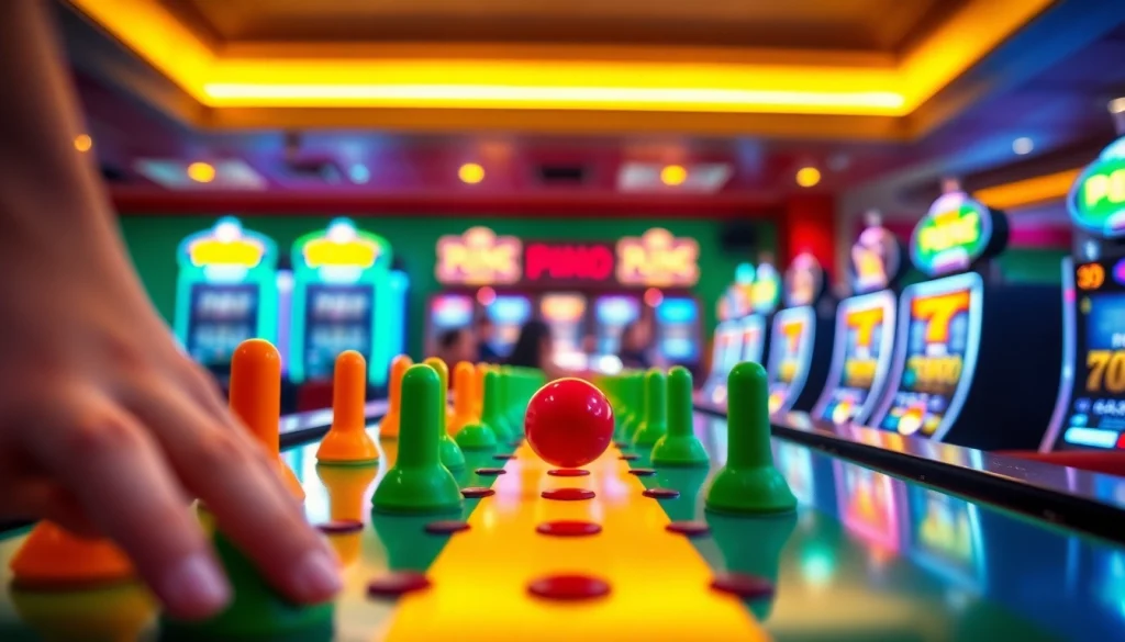 Permainan plinko yang menarik dengan pengaturan kasino yang berwarna-warni dan peg yang ceria.