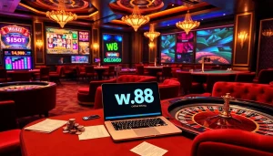 Experience luxury online gambling with the link to w88 amid vibrant casino visuals.