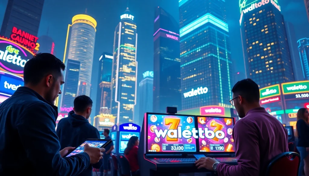 Menampilkan pengguna walettoto yang berinteraksi dengan permainan digital di lingkungan urban yang hidup.