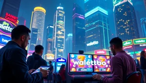 Menampilkan pengguna walettoto yang berinteraksi dengan permainan digital di lingkungan urban yang hidup.