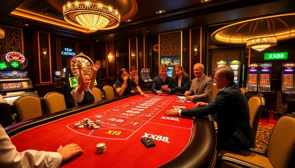 Players strategically placing bets at the XX88 baccarat table in an upscale casino setting.