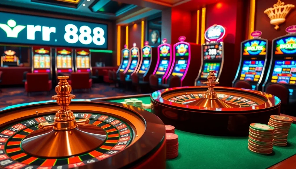 Players enjoying a thrilling casino experience at rr 88, featuring roulette, poker, and slot machines.