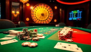 Engaged players using 상품권신용카드 at a vibrant poker table amidst a luxurious casino setting.