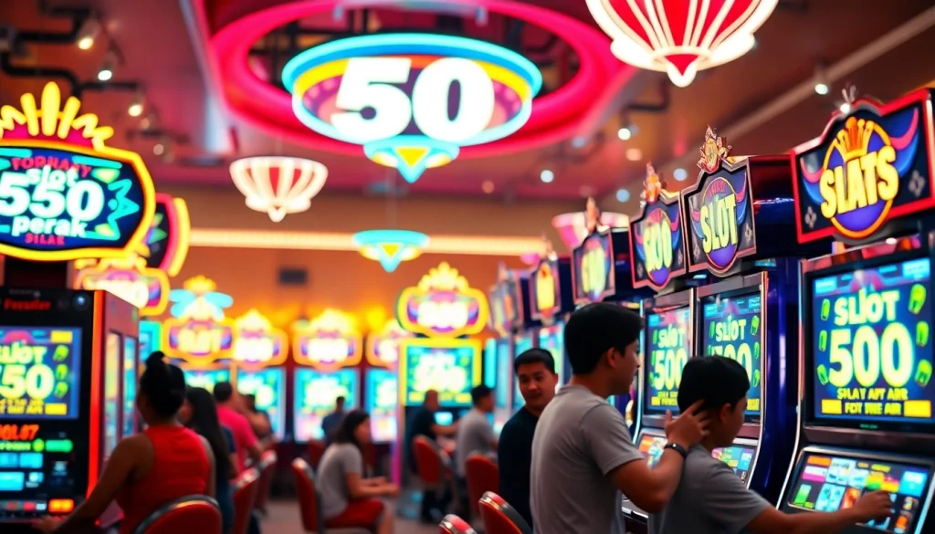Main display of slot 50 perak on vibrant casino machines with excited players enjoying the game.