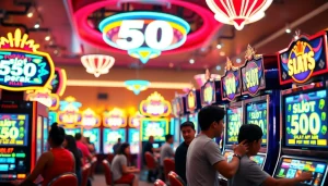 Main display of slot 50 perak on vibrant casino machines with excited players enjoying the game.