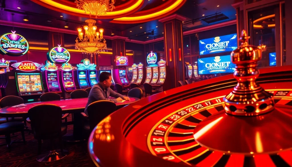 Cảnh casino đầy phấn khích, thể hiện hoạt động chơi Tik88 với poker, roulette và các máy đánh bạc sặc sỡ.