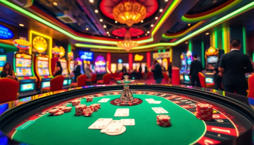 Experience the thrill of a luxurious 7m casino with vibrant roulette tables and excited players.