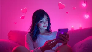 AI sexting interaction with a chatbot in an intimate and cozy environment.
