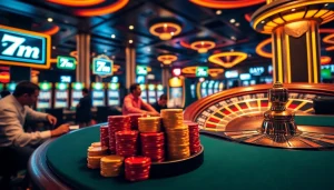 Experience the thrill of gambling at a casino with 7m poker tables and vibrant slot machines.