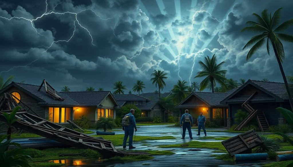 Assessing Florida Hurricane Damage with professionals inspecting storm-affected homes and trees.