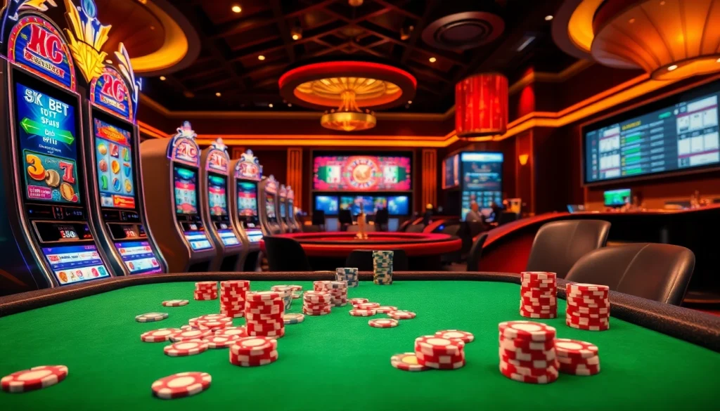 Exciting online gambling interface at 8KBET showcasing vibrant casino elements like tables and slots.