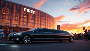 World Cup Group Transportation in a luxury limousine at Los Angeles stadium with festive fans celebrating.