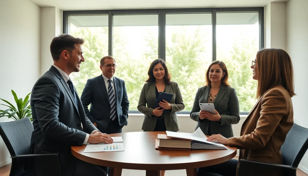 Professional lawyers collaborating in an office focused on environmental law firm issues, surrounded by natural light.