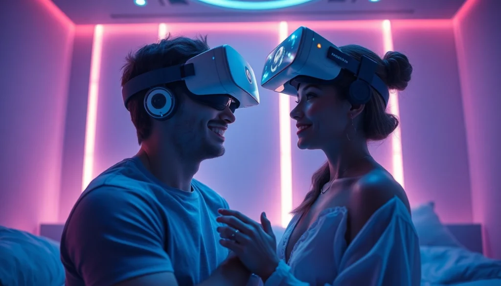 Engaging AI sex interaction with a futuristic virtual companion in an intimate setting.