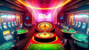 Babu88 casino scene with players at roulette, poker tables, and slot machines.