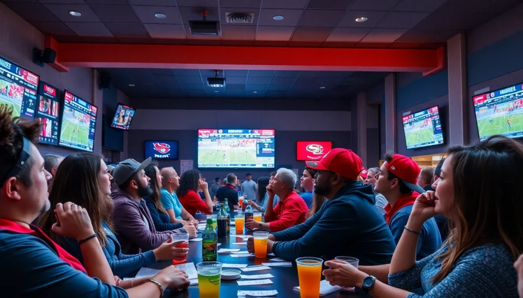 Engaging scene of sports betting sites Oklahoma with enthusiastic bettors enjoying games at a modern venue.