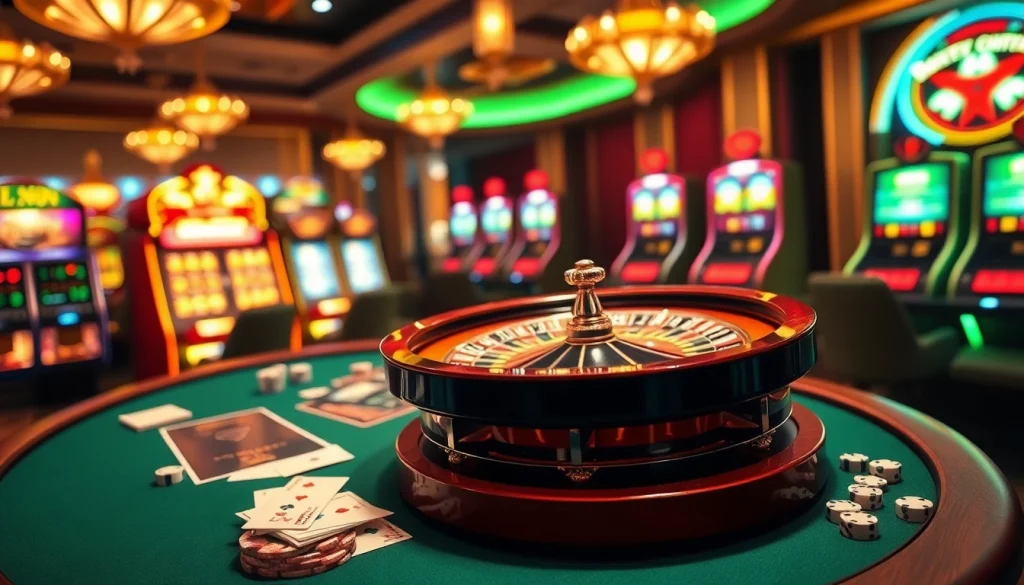 Experience excitement at nhà cái uu88's casino with a luxury poker table and slot machines.