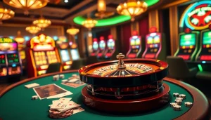 Experience excitement at nhà cái uu88's casino with a luxury poker table and slot machines.