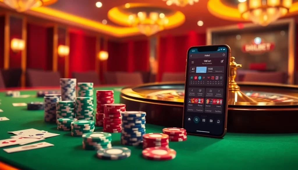 Playing poker with exciting 188bet link displayed on a smartphone in a luxurious casino setting.