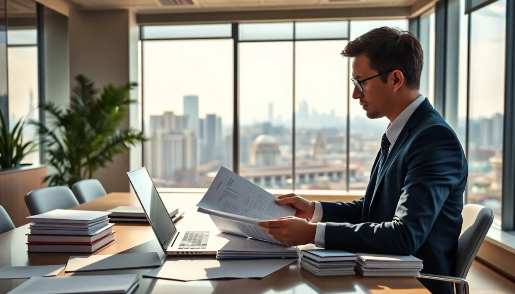 Professional translator working on soudní překlad in a modern office.
