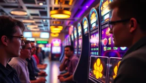 Permainan slot pulsa di mesin slot dengan pemain antusias dan suasana meriah.