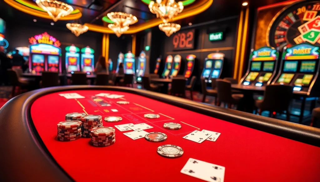 Engaging casino experience at thabet featuring vibrant blackjack and roulette tables with players.