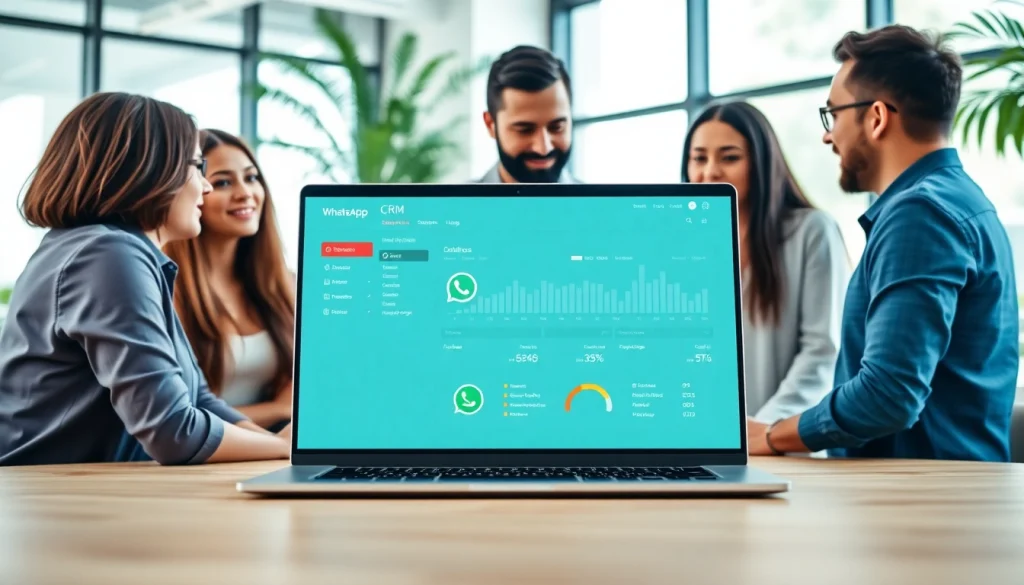 Engaging image of WhatsApp Smart CRM interface with professionals collaborating in a modern workspace.