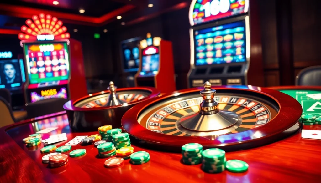 Experience high-stakes action at nh88 with vibrant casino tables, chips, and bright slot machines.