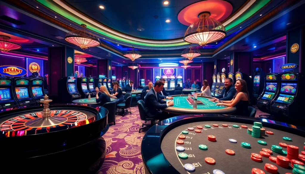 Engaged players enjoying games at a luxurious casino inspired by https://ok8386a.com/ showcasing roulette and poker.