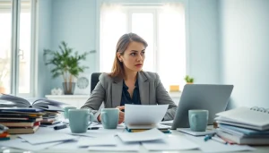 A woman exhibiting brain fog thoughtfully reflecting at her cluttered desk.
