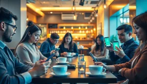 현대 카페에서 다양한 사용자가 디지털 거래에 참여하는 소액결제(소액결제) 현장