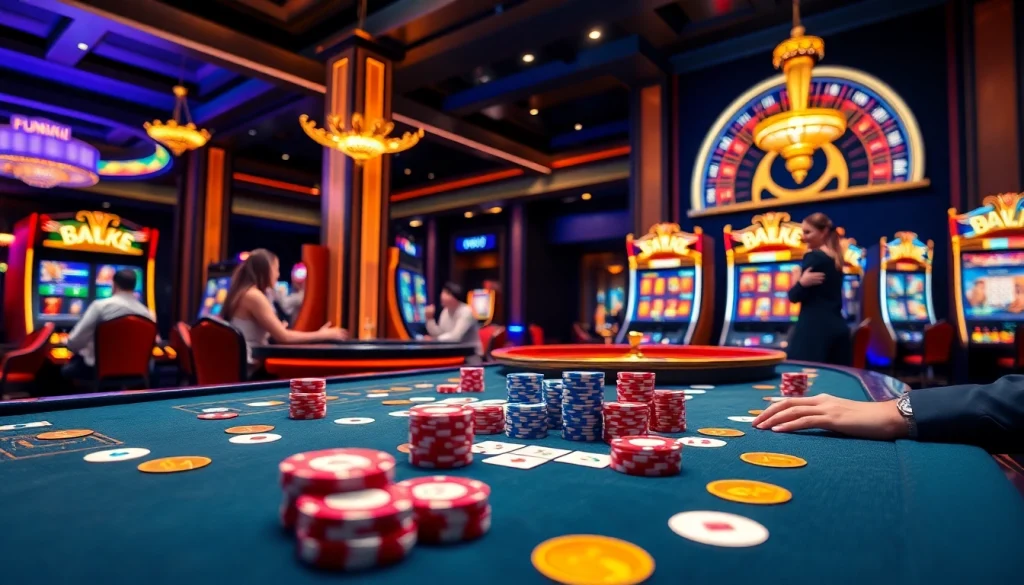 Players enjoying games at the Fun88 link casino, featuring vibrant tables and slot machines.