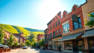 An inviting street scene in Clarksburg featuring historic architecture and local life.