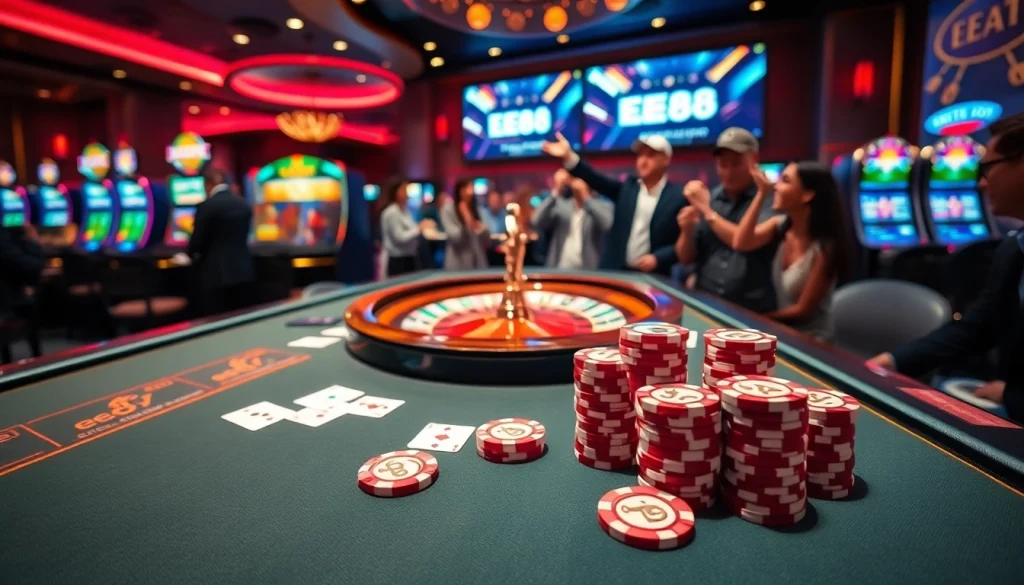 Experience the excitement of EE88 with dynamic gaming action at the vibrant casino tables.