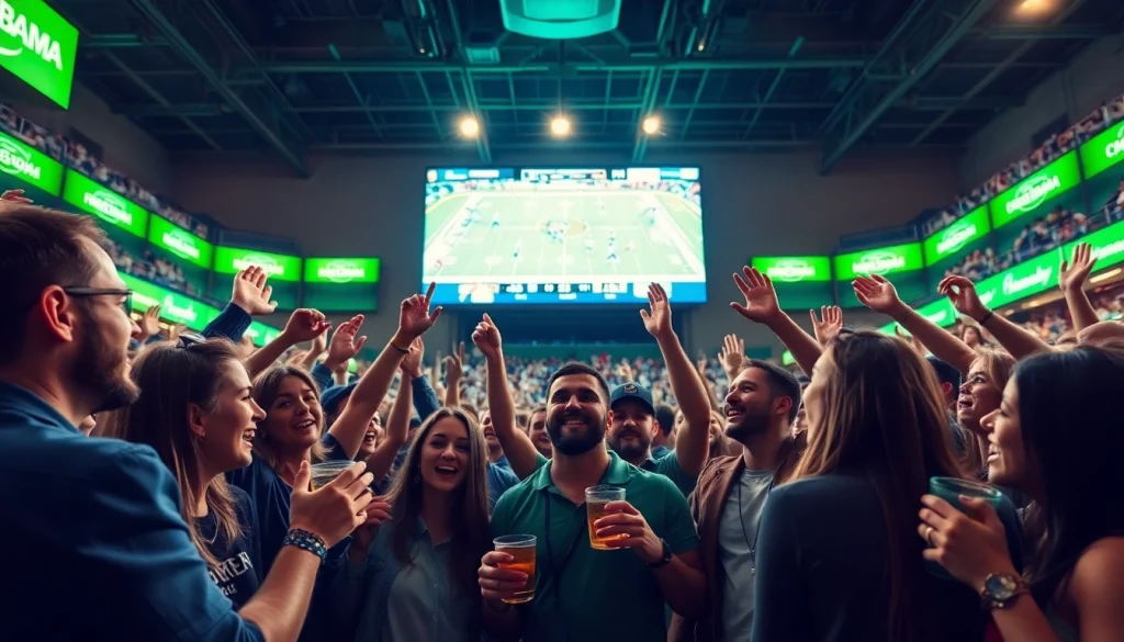 Excited fans enjoying sports betting sites Alabama experience during a live game.