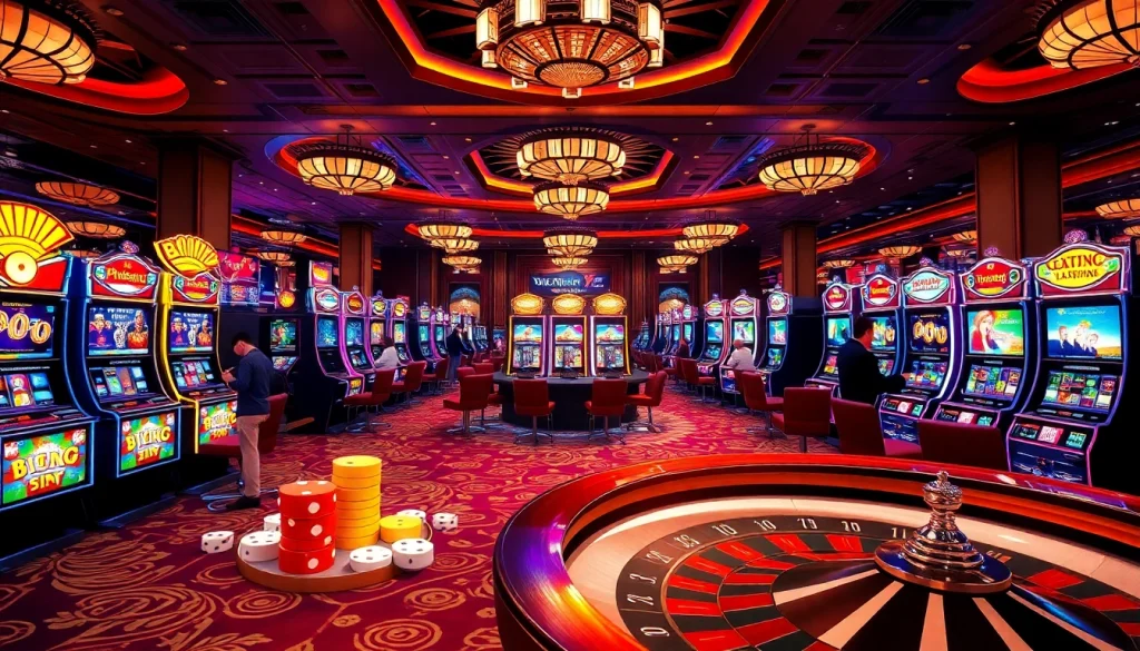 Excited players engaging with vibrant nổ hũ slot machines in a luxurious casino setting.