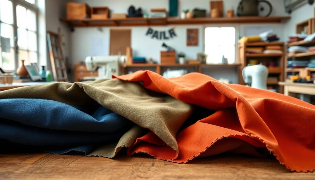 Canvas stoffen in diverse kleuren en texturen op een werktafel, perfect voor creatieve projecten.