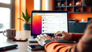 OnlyFans search by keywords in a vibrant digital workspace with a laptop.