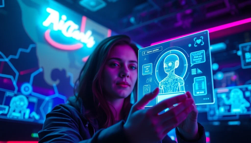 Engaging with an nsfw ai chatbot in a vibrant, futuristic landscape.