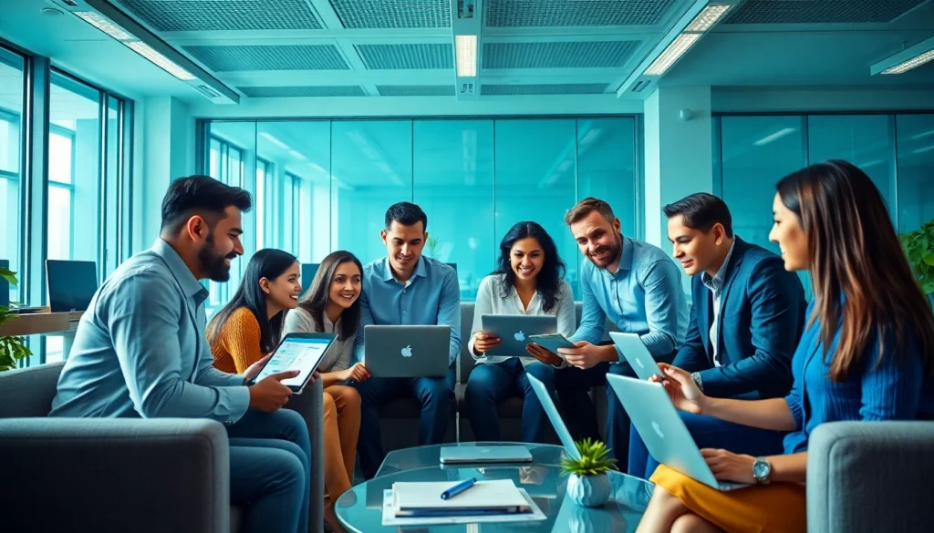 展示 WPS官网 功能的协作工作区，不同行业的专业人士使用数字设备。