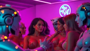 Engaging NSFW AI chat scene with vibrant characters and a futuristic virtual environment.