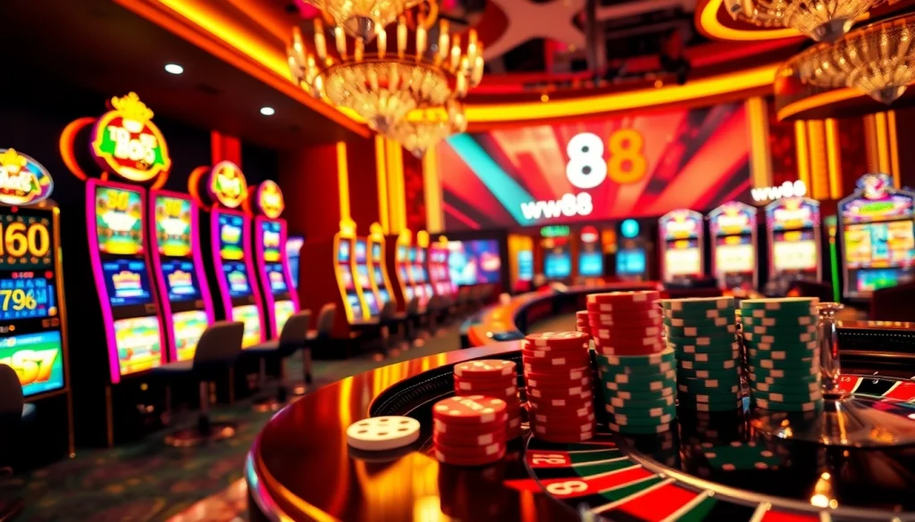 ww88 casino scene showcasing vibrant slot machines, poker chips, and excitement in gaming.