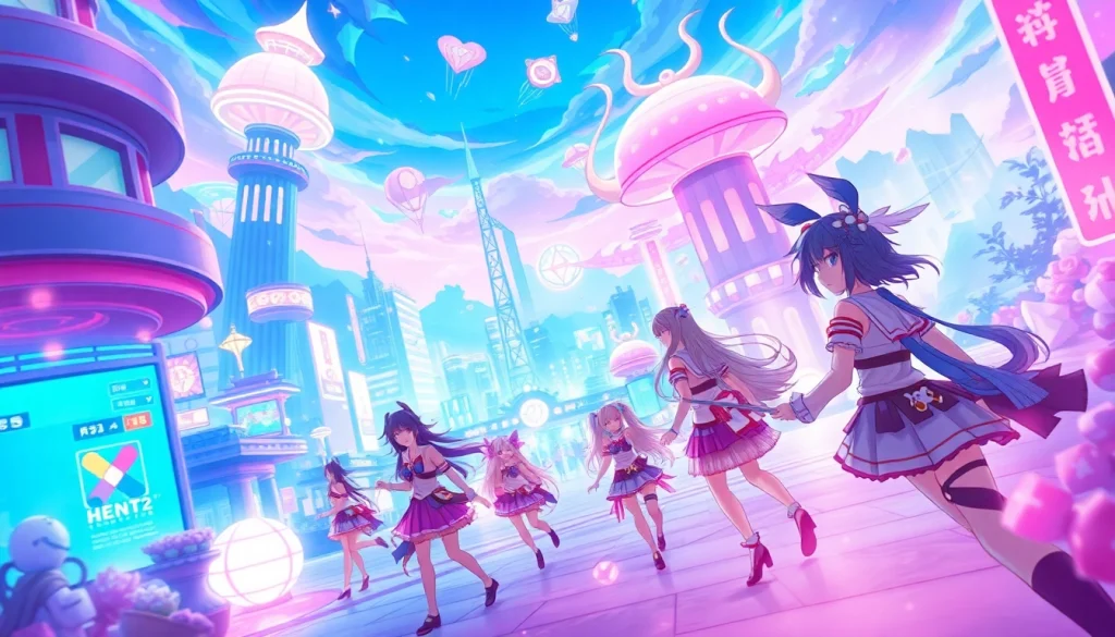 Vibrant scene from a hentai game showcasing engaging characters in a colorful fantasy world.