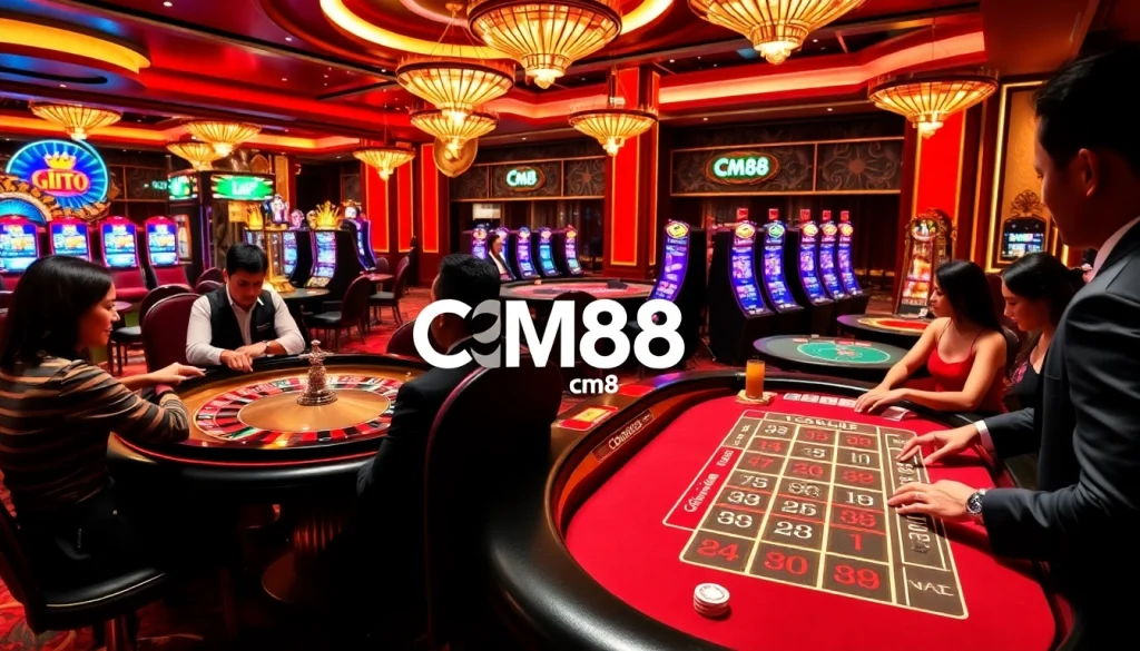 CM88 casino scene with players at roulette and poker tables, showcasing vibrant excitement.