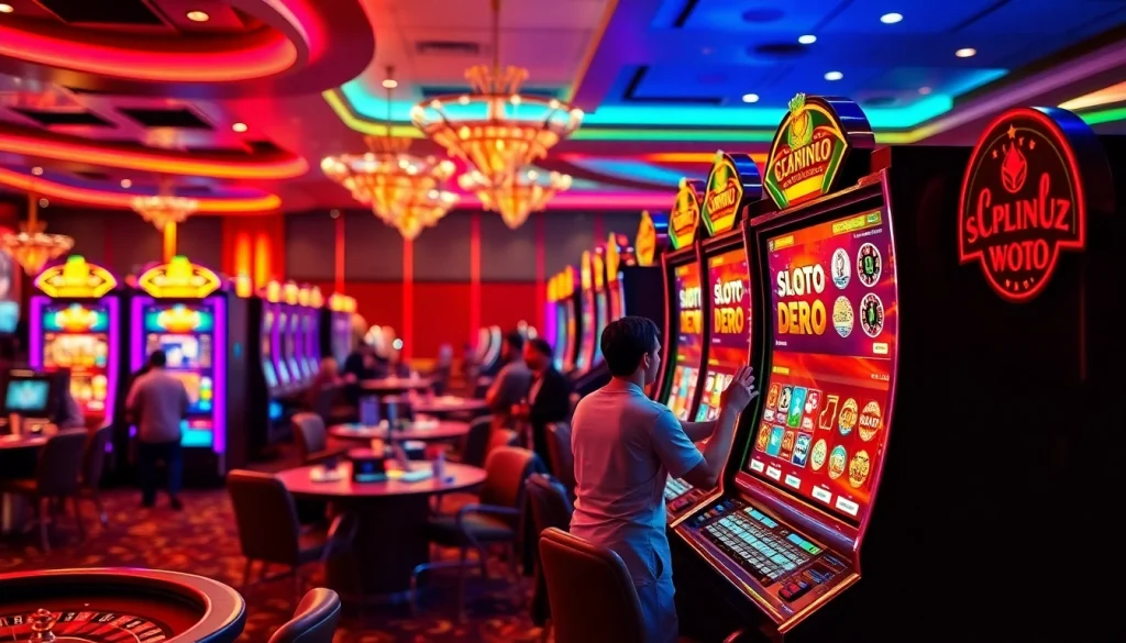 Pemain menikmati atmosfer kasino yang meriah dengan fokus pada slot Depo 5rb.