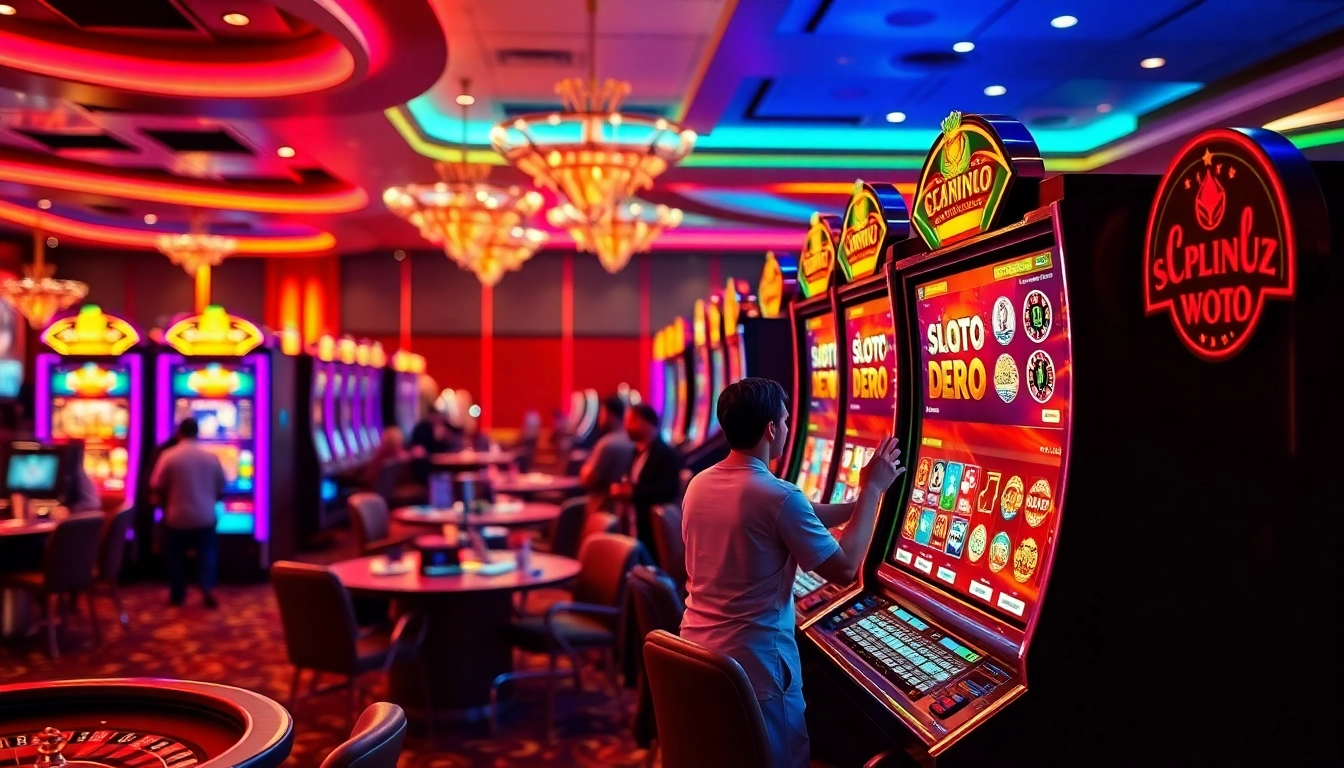 Pemain menikmati atmosfer kasino yang meriah dengan fokus pada slot Depo 5rb.