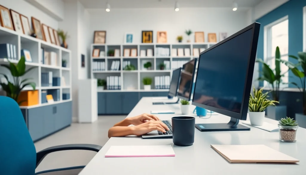 Efficient typing center showcasing a professional workspace with a person typing.