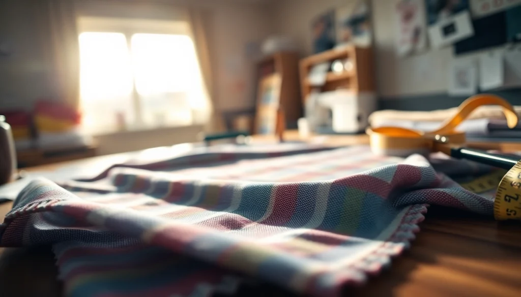 Bekijk de levendige poplin stof met unieke textuur op een houten tafel, perfect voor naaiprojecten.