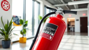 An advanced electrical fire extinguisher in a modern office setting, ensuring safety and preparedness.