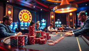 b52 themed casino atmosphere with poker players at a vibrant table and a spinning roulette wheel